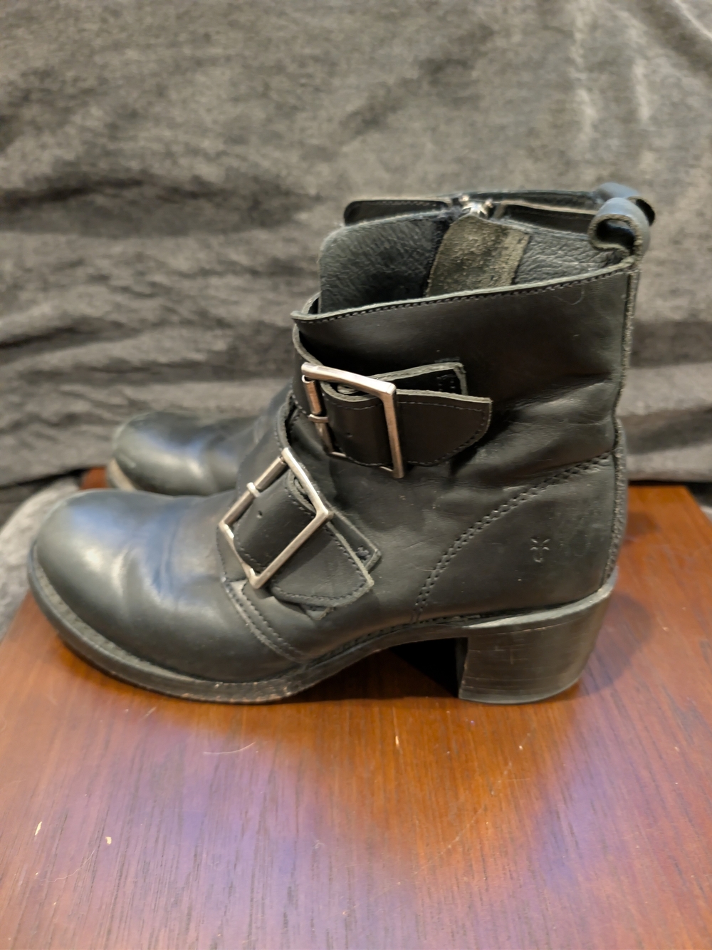 Frye Black Leather Buckle Ankle Boots